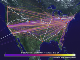 The color map indicates flow of network traffic measured in millions of bytes